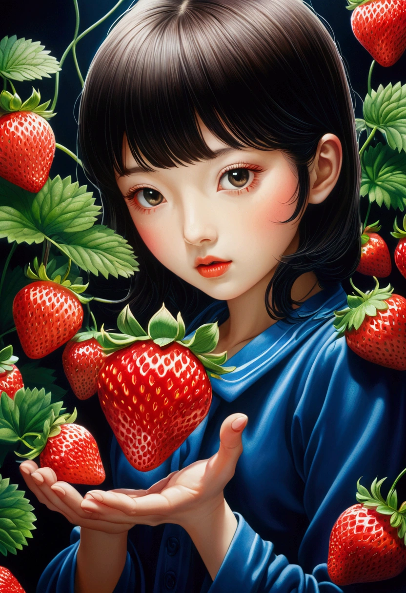 A Strawberry, by Chiho Aoshima, cinematic still, chiaroscuro, dynamic, (best quality, masterpiece, photorealistic), very aesthetic, perfect composition, intricate details, ultra-detailed, vivid colors