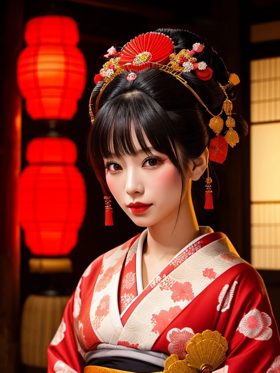A woman in a red-light district in the Edo period, gorgeous kimono, gorgeous kanzashi, oiran on the road,