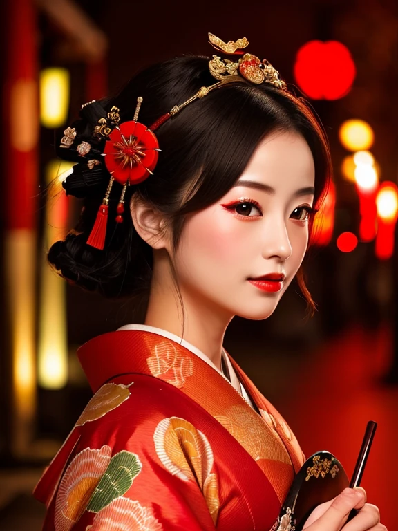 A woman in a red-light district in the Edo period, gorgeous kimono, gorgeous kanzashi, oiran on the road,