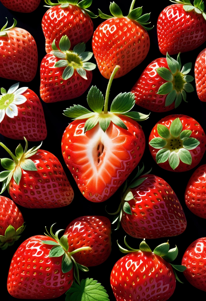 A Strawberry, by Chiho Aoshima, cinematic still, chiaroscuro, dynamic, (best quality, masterpiece, photorealistic), very aesthetic, perfect composition, intricate details, ultra-detailed, vivid colors