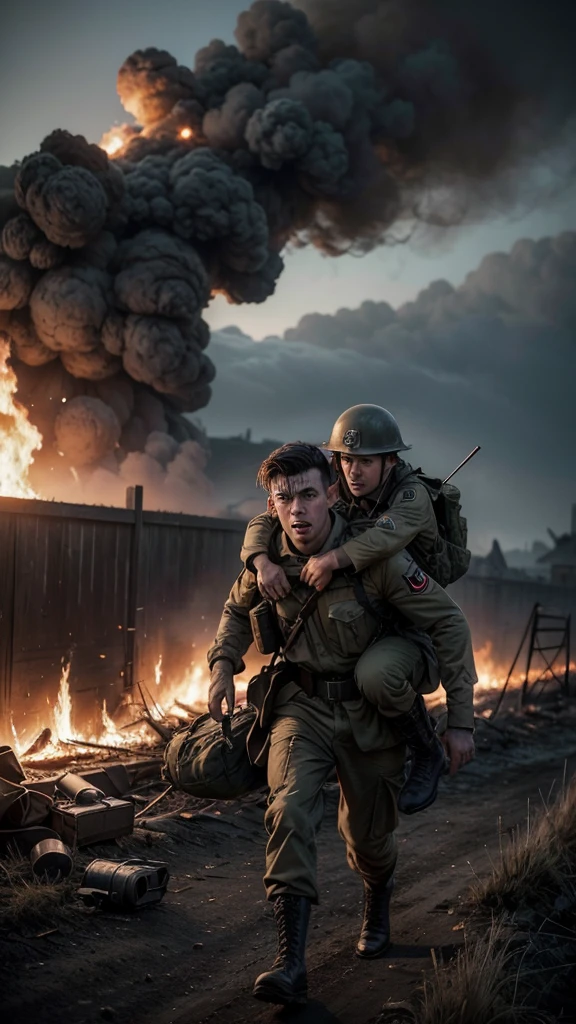 burning battlefield, gunshots and explosions in the background. A soldier from World War II, dressed in military uniform typical of the time, is carrying his injured comrade on his shoulders. The soldier is running towards the camera, with an expression of determination and despair. The surrounding scenery is chaotic, with wreckage, dense smoke and fire illuminating the darkness. The injured comrade also wears a WWII uniform, with visible signs of injury and suffering. The image captures the intensity and brutality of war, highlighting the heroic act of the soldier who fights to save his comrade in the midst of chaos.
SPECIFIC FEATURES:
uniforms: Steel Helmets, military boots, backpacks and ammunition belts, all characteristic of the Second World War.
enviroment: Military vehicle wreckage, trenches and barbed wire, with a dark color palette and warm tones due to fire and explosions.
Emotion: Intense facial expressions showing the urgency and severity of the situation.