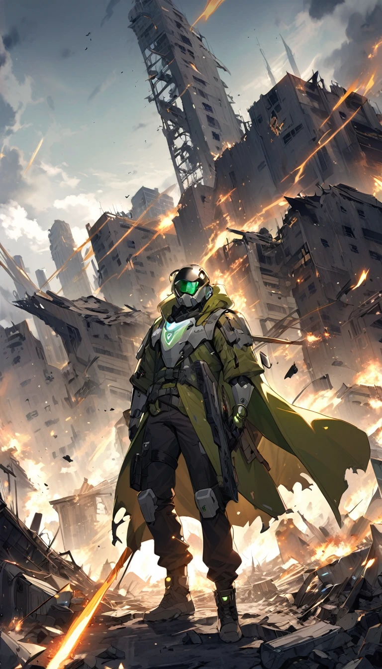 futuristic commander-shooter from a distant future. He is wearing high-tech, battle-worn armor adorned with futuristic symbols. His stern, determined face is visible, with short-cropped hair and battle scars. He holds an advanced energy rifle equipped with high-tech sights and gadgets. The background features a post-apocalyptic landscape with ruined buildings and smoldering wreckage, creating an epic battle atmosphere. A cloak billows behind him, symbolizing his leadership and resilience. His technological helmet is off and attached to his belt, showing his readiness for any situation.