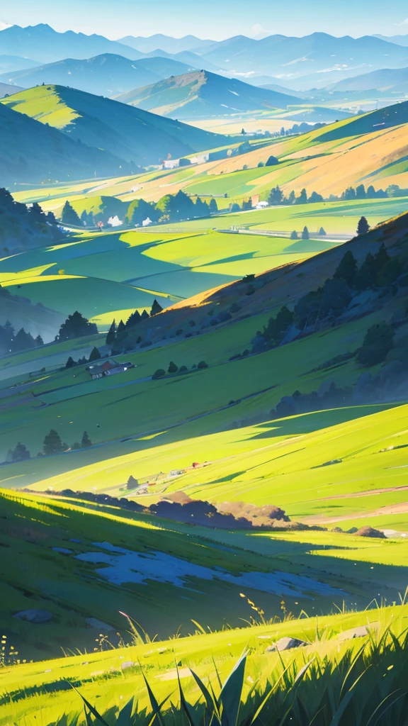 buzzer Steppes and mountains Midday sunlight Masterpiece high quality landscape Beautiful Landscape The grassland is green Fantasy