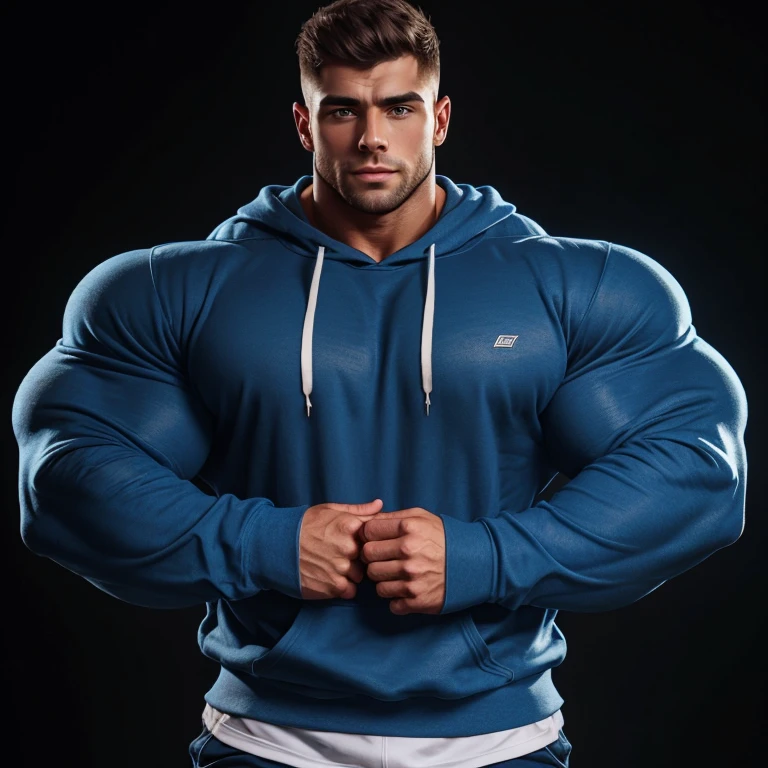 a very handsome, massively muscular young man with massively large muscles, wearing a simple blue sweatshirt with long sleeves, on a black background