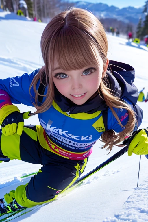 (Ski uniform、ski costume、Ski Cosplay、Skiing outfit、ski costume、Ski mogul athlete)、A girl sliding down a snowy mountain slope、Medium breast、Bob Hair、masterpiece:1.3、Raw photo、Highest quality、Highest quality、Detailed image quality、Detailed Background、Performing an air trick、