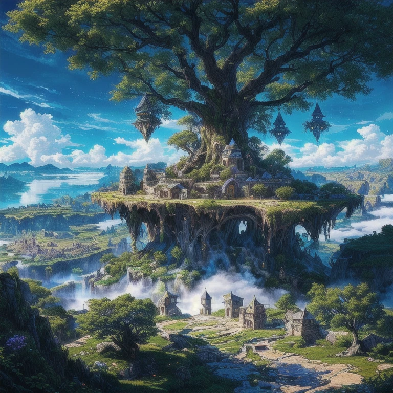 a photo taken from a distance of a fantasy town with a tree, detailed fantasy digital art, highly detailed digital art in 4k, highly detailed fantasy art, 4k fantasy artwork, detailed fantasy art, HD epic fantasy art style, beautiful detailed fantasy, high fantasy landscape, High quality 8k detailed artwork, made of fantasy tree and valley, stunning fantasy landscape