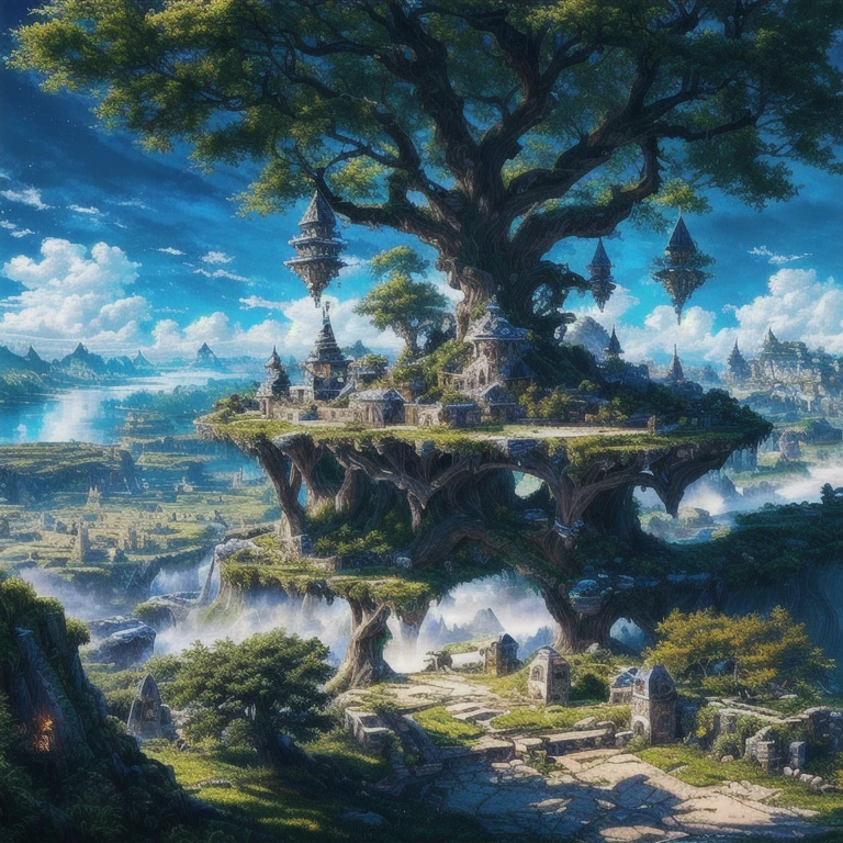 a photo taken from a distance of a fantasy town with a tree, detailed fantasy digital art, highly detailed digital art in 4k, highly detailed fantasy art, 4k fantasy artwork, detailed fantasy art, HD epic fantasy art style, beautiful detailed fantasy, high fantasy landscape, High quality 8k detailed artwork, made of fantasy tree and valley, stunning fantasy landscape