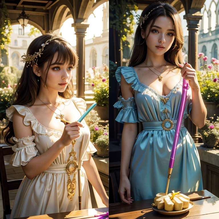 (masterpiece, best quality:1.5), highest quality, High resolution, super detailed, Realists, Upper body photo of a brunette young magical girl, detailed and beautiful eyes, beautiful detailed lips, very detailed eyes and face, longeyelashes, shiny satin dress, Holding a magic wand in your hand, Cast a transformation spell, With her stick she turns bananas into something naughty, Glowing wands available,Beautiful and colorful makeup, elegant and noble々The jewelry bag, Gardens as background, soft daylight, bright colors, fine brushstrokes, Portrait style, Silk dress fabric, beautiful color palette, glowing skin, First-class rendering, that captures every detail, enchanting atmosphere, subtle shadows and lights, (perfect anatomy:1.2), (The stunning Magical Girl turns banana into something naughty. on the table(a transformation with the magic wand:1.4), (magnificent panorama view:1.2)