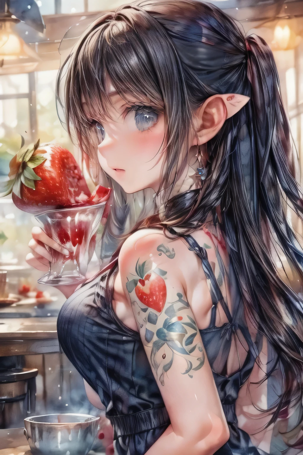 A Strawberry, cute girl, single strawberry tattoo on arm, holding strawberry, side view