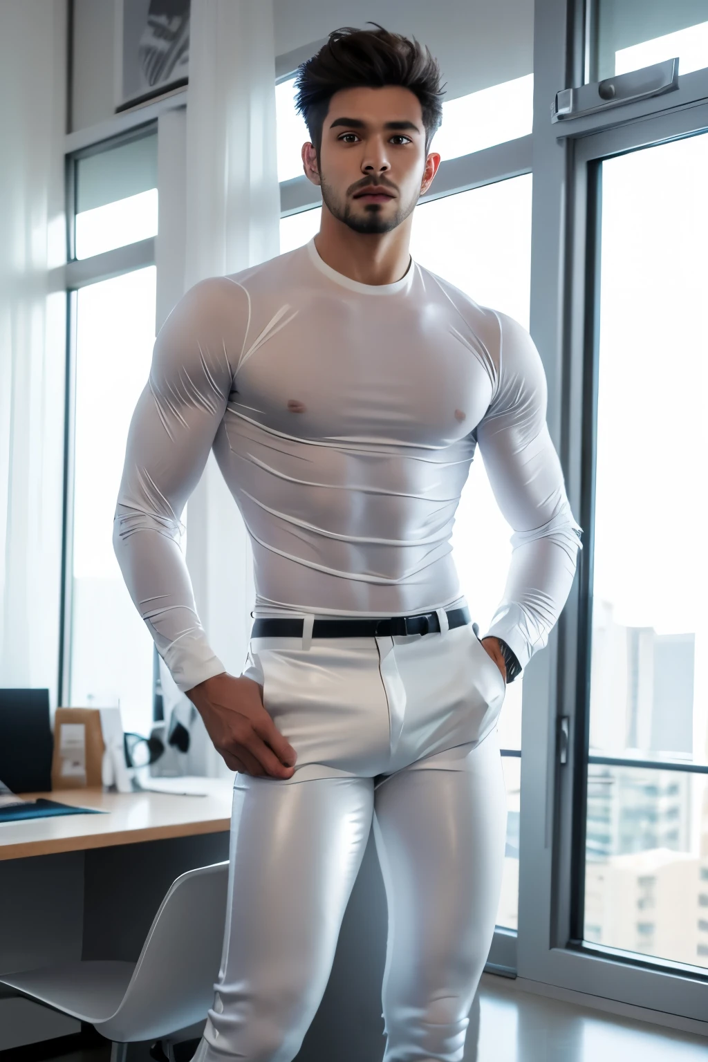 Handsome guy wearing a tight, transparent white shirt, gray leather pants, His dick was sticking out of his pants, standing in the office