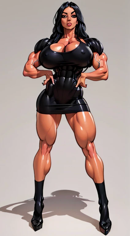 ((masterpiece)),(((best quality))),((character design sheet)), ((full body view))  mature face, defined cheekbones,((long hair:1.2)),  Perfect Beautiful , (robot Face) ,((chrome skin:1.1)), (buff arms, buff legs), long Hair , Black Gothic mini Dress , female bodybuilder Body ,  ((muscular legs:1.2)),  Realistic Lighting , Gothic Makeup , Posing Like a Model , Look at Viewer, cool lighting, ((cool ambiance light:1.0))high cheekbones, illustration, ultra muscular, sexy bimbo, (gigantic breasts:1.3) ((detailed face:1.4)) beautiful woman, shiny skin, scribbles and marks,(puffy lips:1.4) , rough sketches, pose, 8k,16k, (simple background, white background: 1.3) ((cool color palette)),