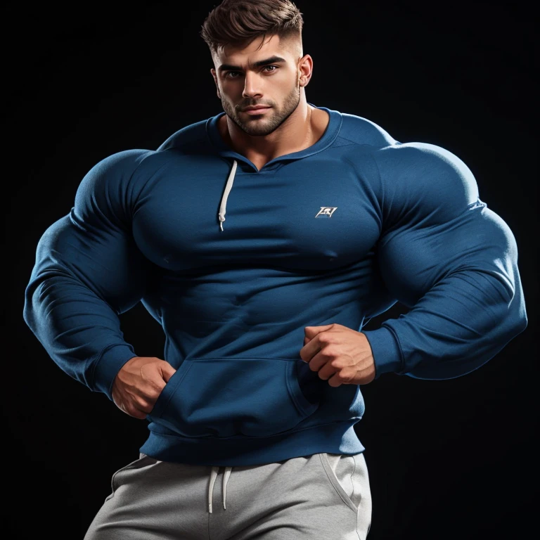 a very handsome, massively muscular young man with massively large muscles, wearing a simple blue sweatshirt with long sleeves, on a black background