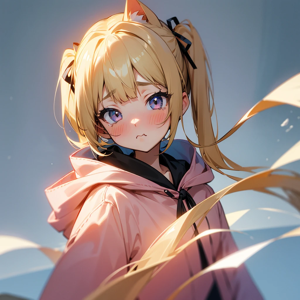 One girl, Blonde, ribbon, Twin tails,Gaze, Light blush, I want to cry, pout, Anime Style, Remove the hood, Animal shaped hood, Young Girl,