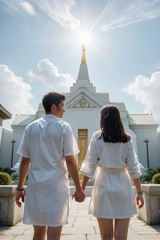 Create a picture where a guy and a girl in white clothes holding hands look into the distance through white clouds at a white Christian temple, the rays of the sun penetrate through the clouds onto the temple, white clouds surround them