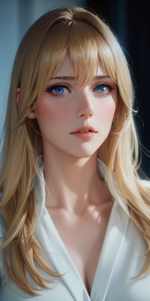 Elegant mature woman, blue eyes, blonde hair, bangs, soft light, 4k resolution, high quality, beautiful cg