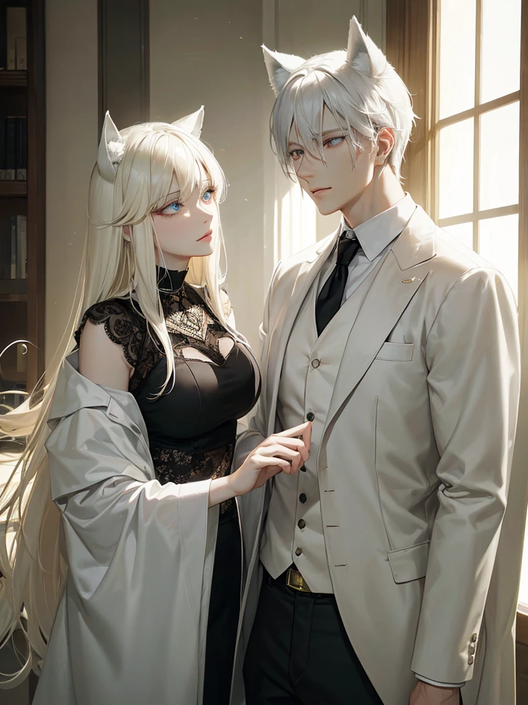 A psychologist man with wolf ears, beautiful albino eyes, high, 28 years. together with a beautiful albino blonde woman