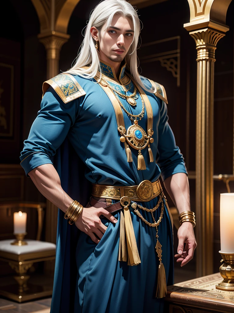 The Middle Ages, the ancient Arab state, the magnificent ancient Arab palace of Agrabah. Tall, handsome, statuesque, masculine adult man, tanned skin, attractive good looks, long straight platinum hair, blue eyes, athletic build, Arab prince dressed in ancient Arab clothes, beautiful figure. Realistic image. Masterpiece, perfect image, realistic photos, full-length image, 8K, detailed image, extremely detailed illustration, a real masterpiece of the highest quality, with careful drawing.