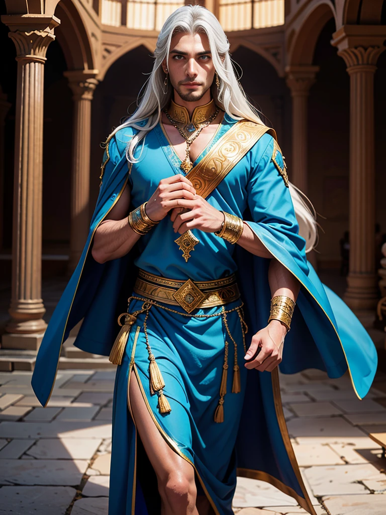 The Middle Ages, the ancient Arab state, the magnificent ancient Arab palace of Agrabah. Tall, handsome, statuesque, masculine adult man, tanned skin, attractive good looks, long straight platinum hair, blue eyes, athletic build, Arab prince dressed in ancient Arab clothes, beautiful figure. Realistic image. Masterpiece, perfect image, realistic photos, full-length image, 8K, detailed image, extremely detailed illustration, a real masterpiece of the highest quality, with careful drawing.