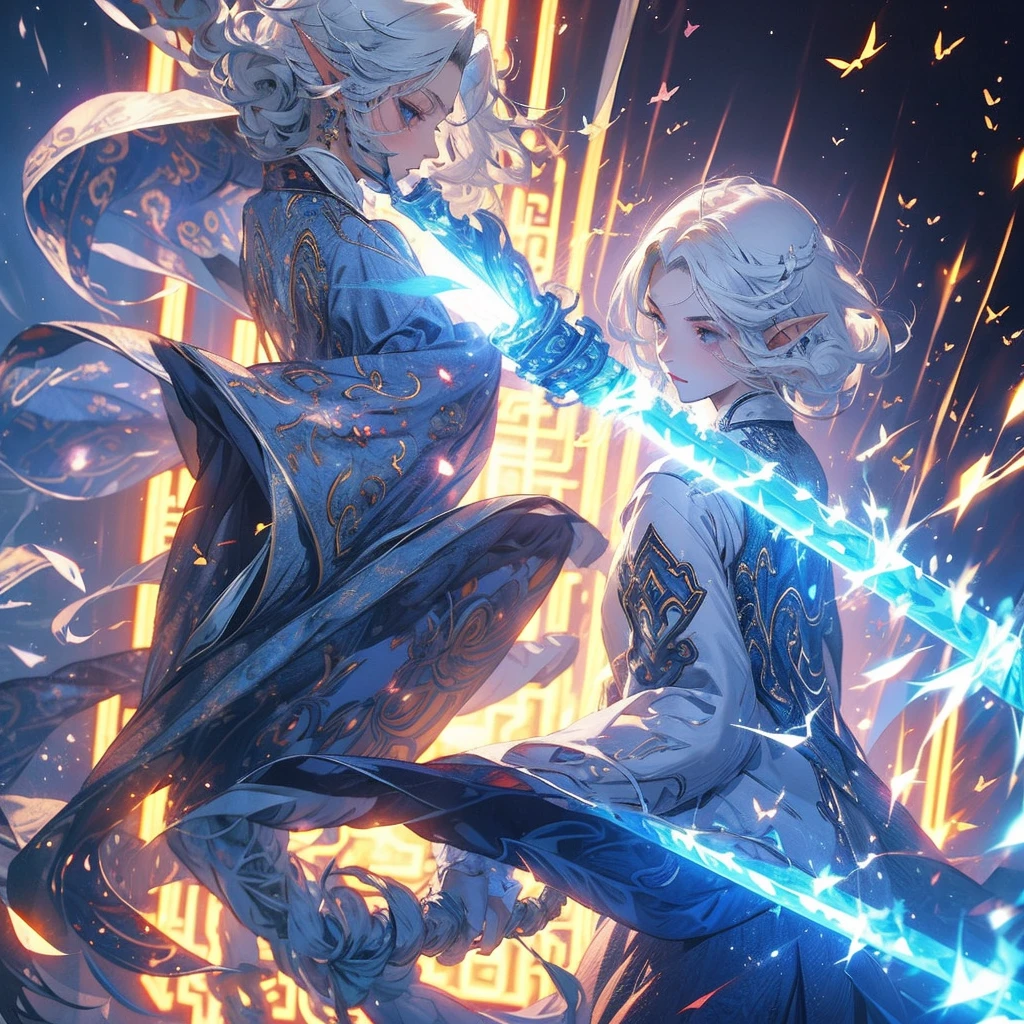 adult elf, short white hair using Magic, purple colored magic projectiles, white outfit, blue cloak