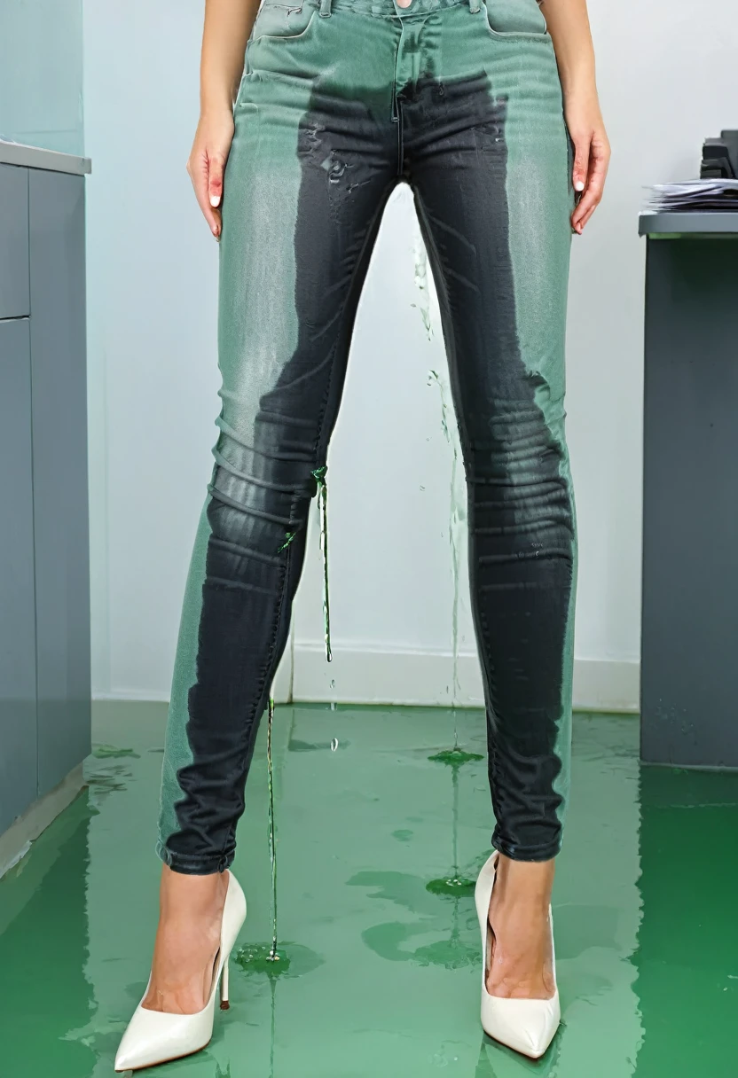 attractive redhead woman wearing black skinny jeans, short curly hair, white high heel pumps, mint green blouse, standing in an office, wetting, big smile, pee stains are gleaming wet, standing in puddle of pee, lower legs of jeans completely soaked, pee drips off jeans