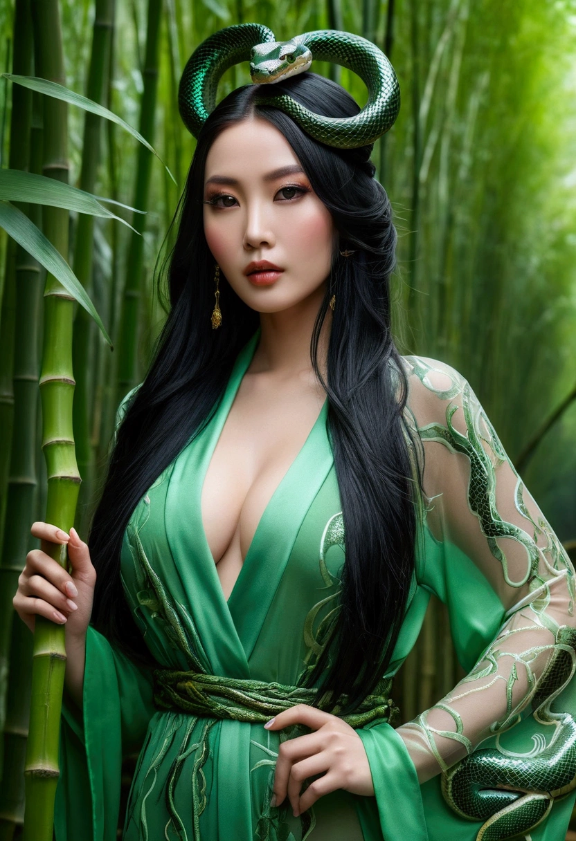 Snake goddess, beautiful and sexy, long black hair, transparent green long robe, snake head hair ornament, dazzling curves, big breasts, bamboo forest