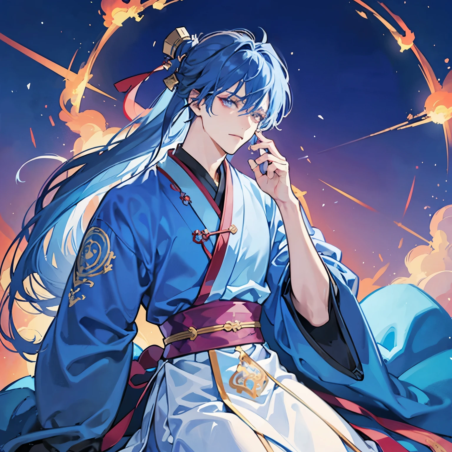 23 year old male,
Long blue hair, wearing a blue hanfu. Serious expression, sharp eyes, hands raised towards the sky. A large fireball in the palm red atmosphere Doomsday atmosphere fantasy void background, special effects,
Colorful shades, light particles, anime style.,
Perfect details, highest quality,
Blu-ray quality,
32K