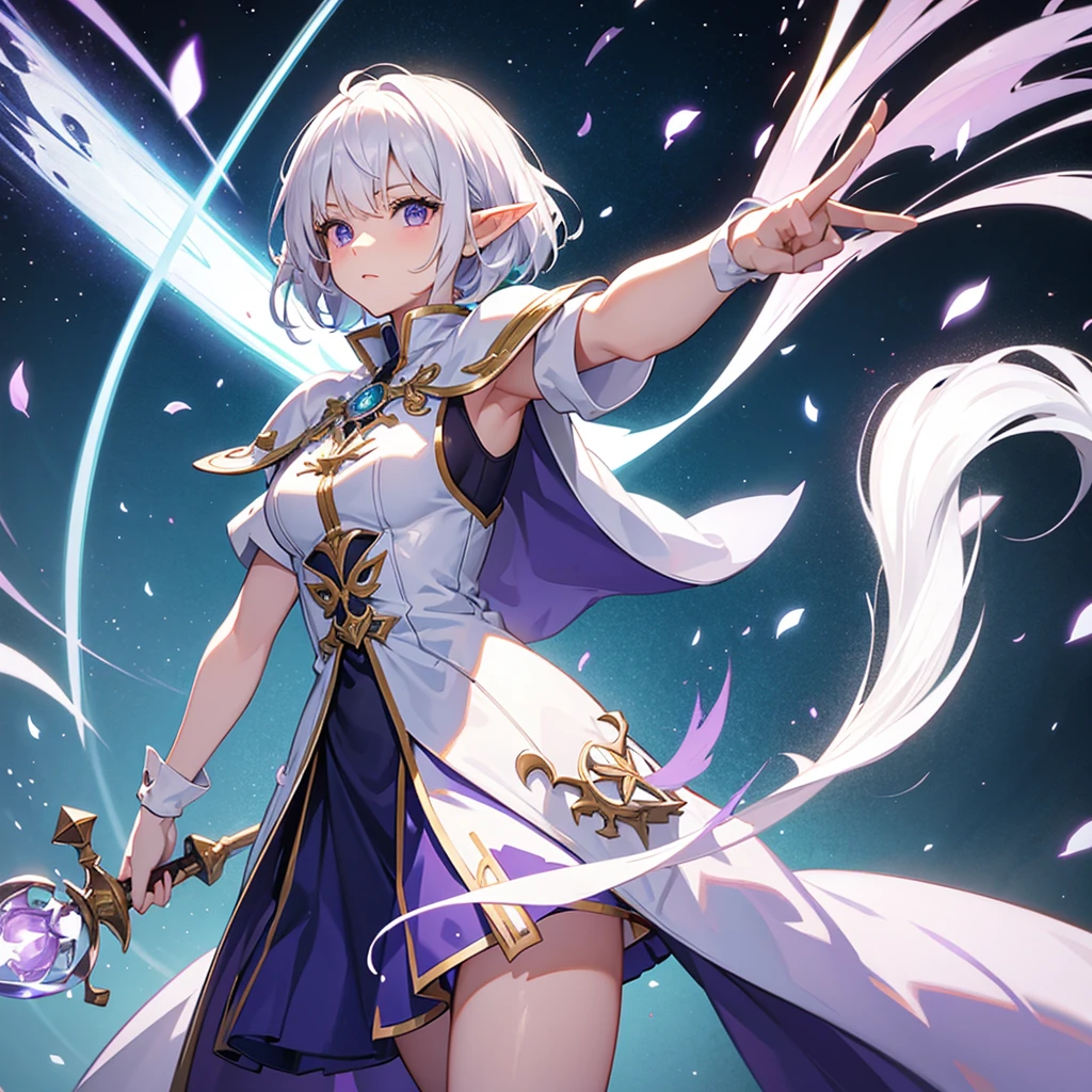 adult elf, short white hair using Magic, purple colored magic projectiles, white outfit, blue cloak