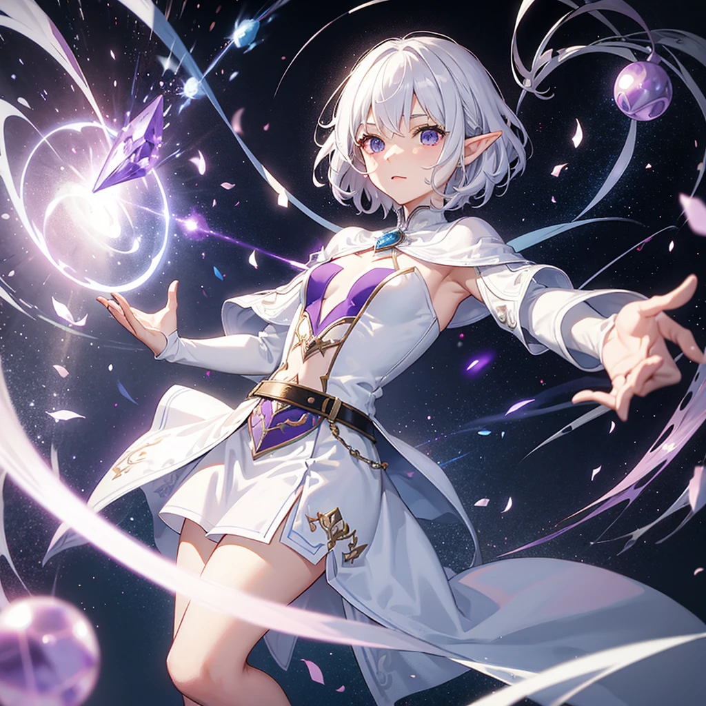 adult elf, short white hair using Magic, purple colored magic projectiles, white outfit, blue cloak