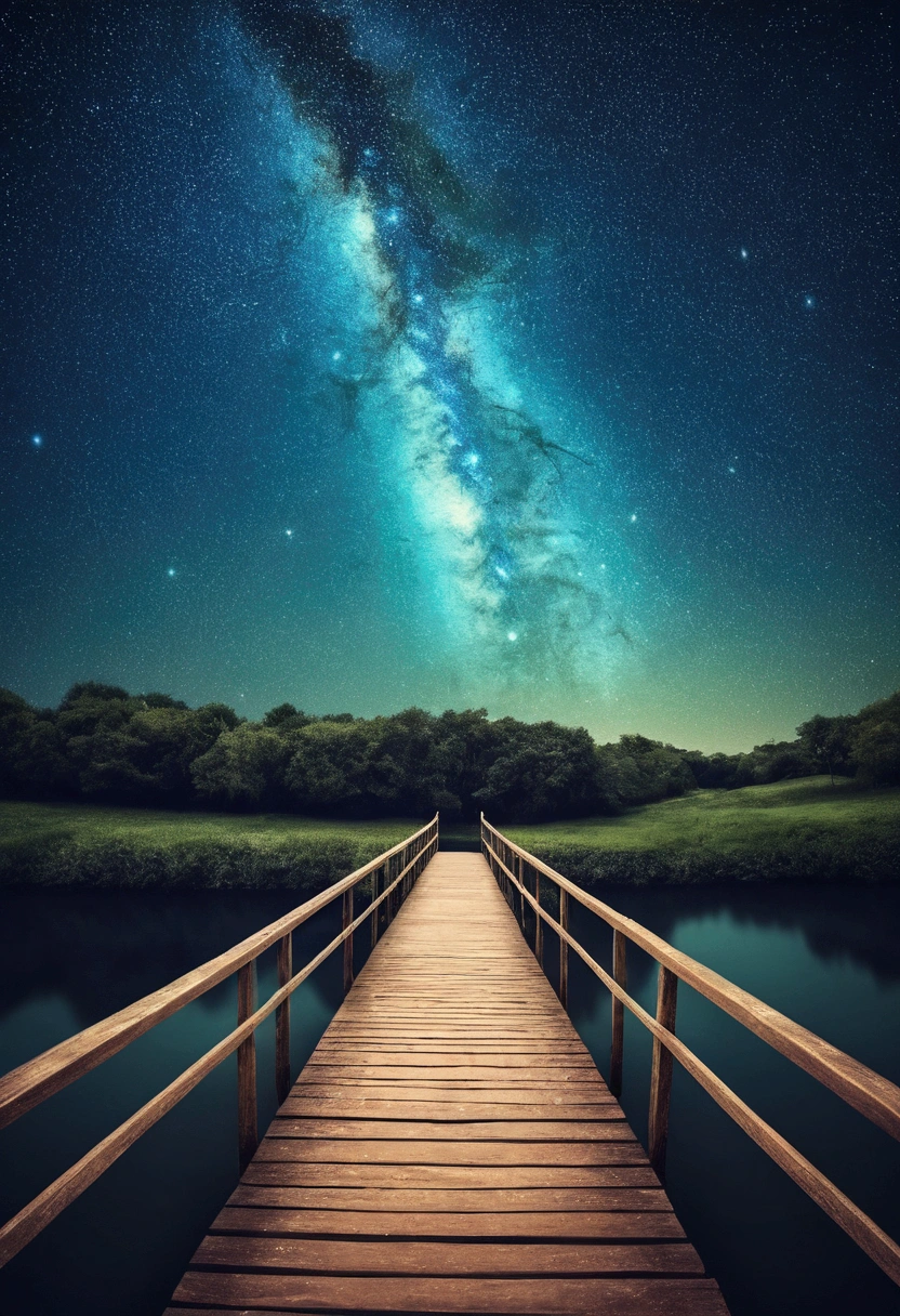 Starry sky, landscape, small bridge, retro style,