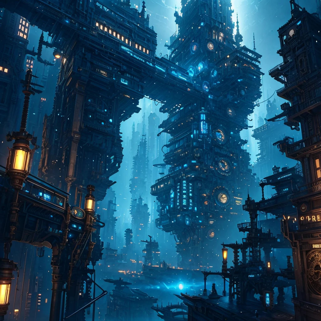 gears are attached to the sides of a building in a futuristic city, concept art by Mike "Beeple" Winkelmann, cgsociety contest winner, retrofuturism, ancient steampunk city, golden steampunk city atmosphere, in steampunk cityscape, steampunk city, a steampunk city, victorian steampunk mega city, steampunk city background, in a steampunk distopian city, digital steampunk art