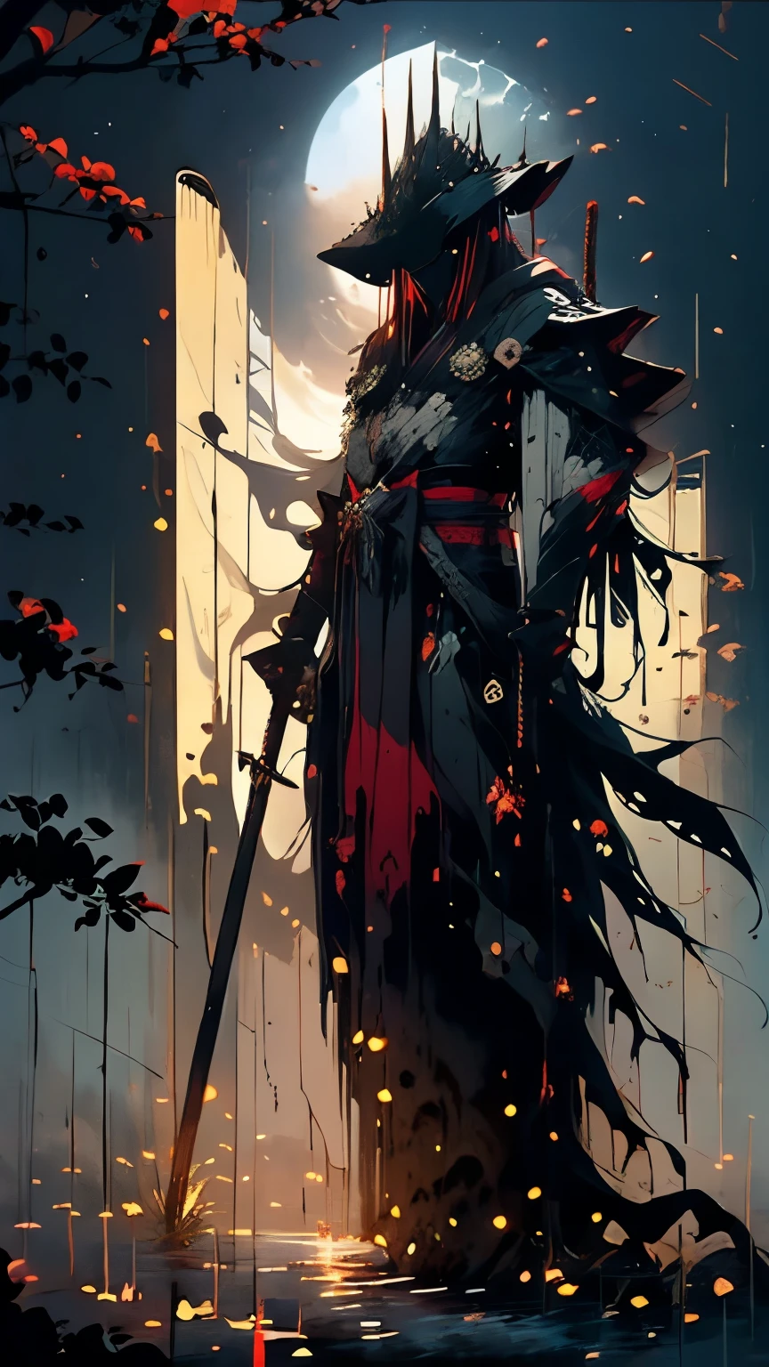 (Best Quality,ultra detailed),dark,wet,artificial raindrops falling,ancient warrior standing in the rain, traditional bamboo hat(fail),dense forest landscape,majestic and serene nature,full moon shining brightly in the night sky,black kimono with fluorescent red stripes that glow in the moonlight,samurai sword sharpened and drawn(katana),