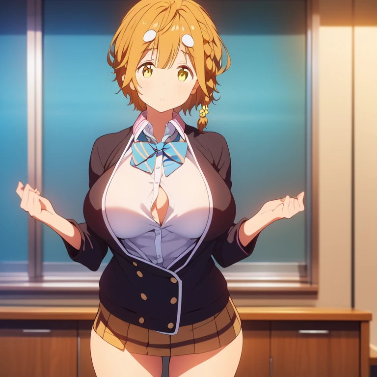 32k, chica estilo anime, cowboy shot, yoshino_koiwai, brown hair, yellow eyes, short hair, braid, side braid, single braid, bangs, big breast, tits, hair ornament, bow, bowtie, ((wearing a brown miniskirt with squares)), minifalda a cuadros, ((blue yersey with a white shirt)), with a red tie, in pose sesy in a classroom.