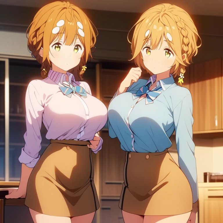 32k, chica estilo anime, cowboy shot, yoshino_koiwai, brown hair, yellow eyes, short hair, braid, side braid, single braid, bangs, big breast, tits, hair ornament, bow, bowtie, ((wearing a brown miniskirt with squares)), minifalda a cuadros, ((blue yersey with a white shirt)), with a red tie, in pose sesy in a classroom.