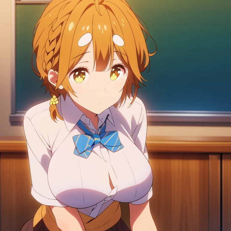 32k, chica estilo anime, cowboy shot, yoshino_koiwai, brown hair, yellow eyes, short hair, braid, side braid, single braid, bangs, big breast, tits, hair ornament, bow, bowtie, ((wearing a brown miniskirt with squares)), minifalda a cuadros,  ((blue yersey with a white shirt)), with a red tie, in pose sesy in a classroom.