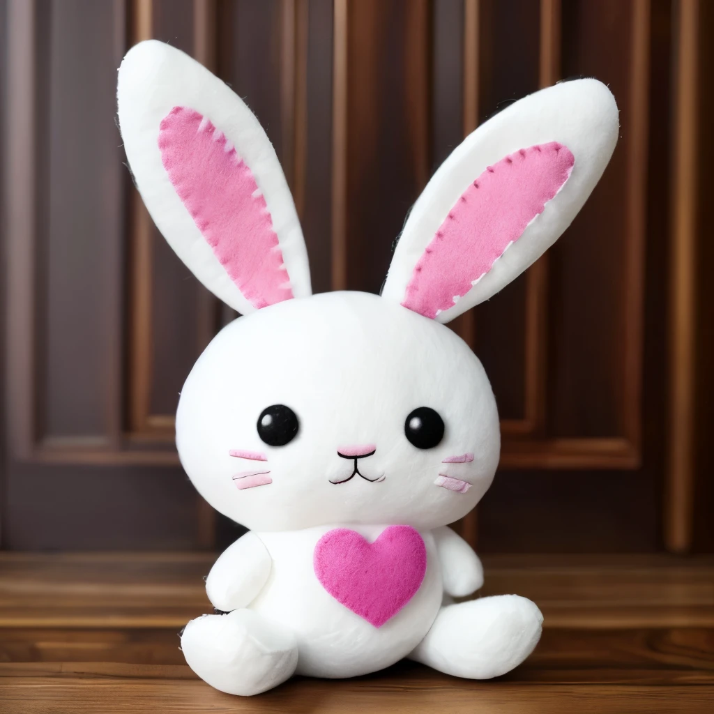 a close up of a stuffed animal with a heart on it, very detailed felt plushie, felt, bunnypunk, made of felt and cloth and beads, evil. vibrant colors. cute, creepy!!, etsy, springtrap, plush, cute anthropomorphic bunny, plushie, creepy!!!, love craftian, sad!, with black horns instead of ears