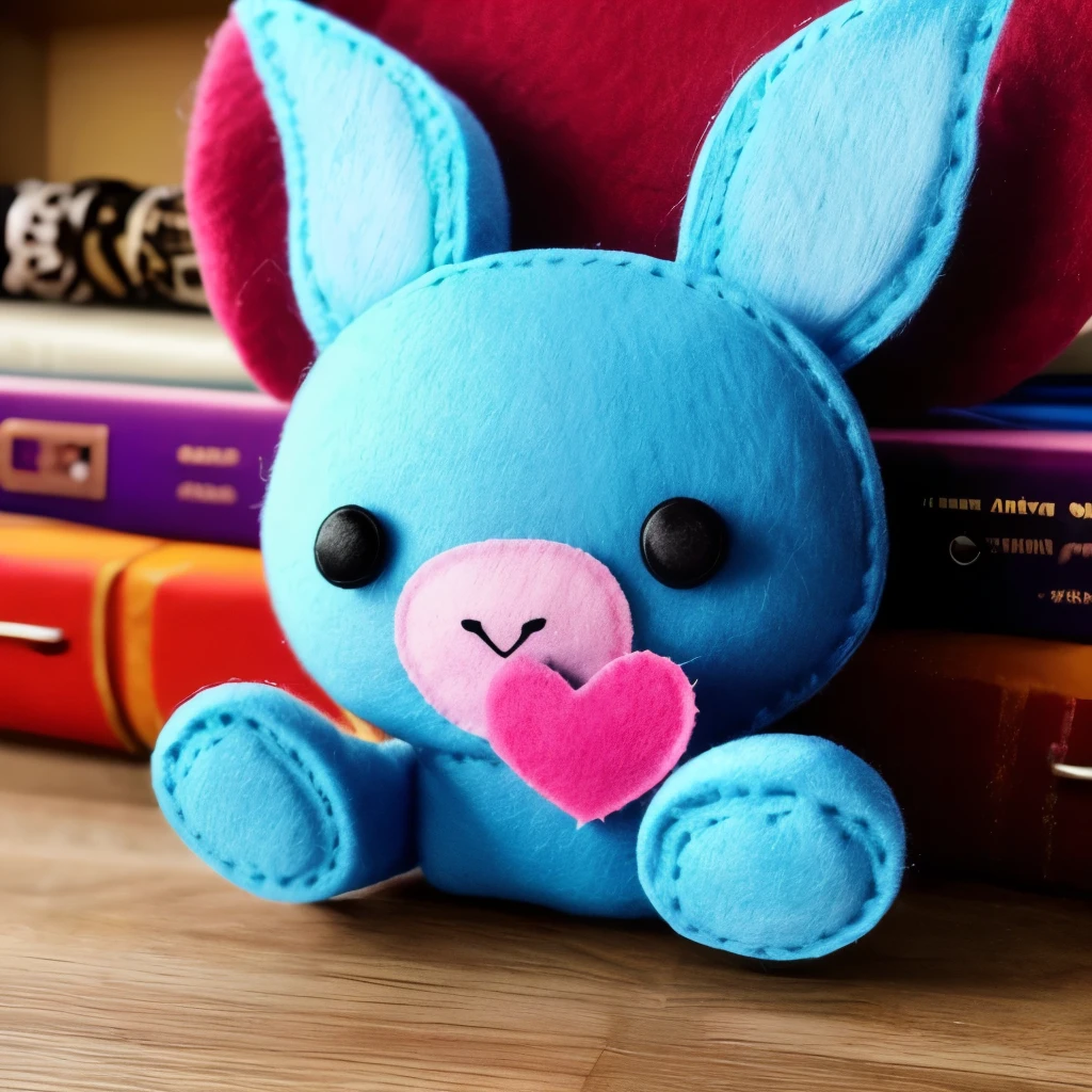 a close up of a stuffed animal with a heart on it, very detailed felt plushie, felt, bunnypunk, made of felt and cloth and beads, evil. vibrant colors. cute, creepy!!, etsy, springtrap, plush, cute anthropomorphic bunny, plushie, creepy!!!, love craftian, sad!, with black horns instead of ears