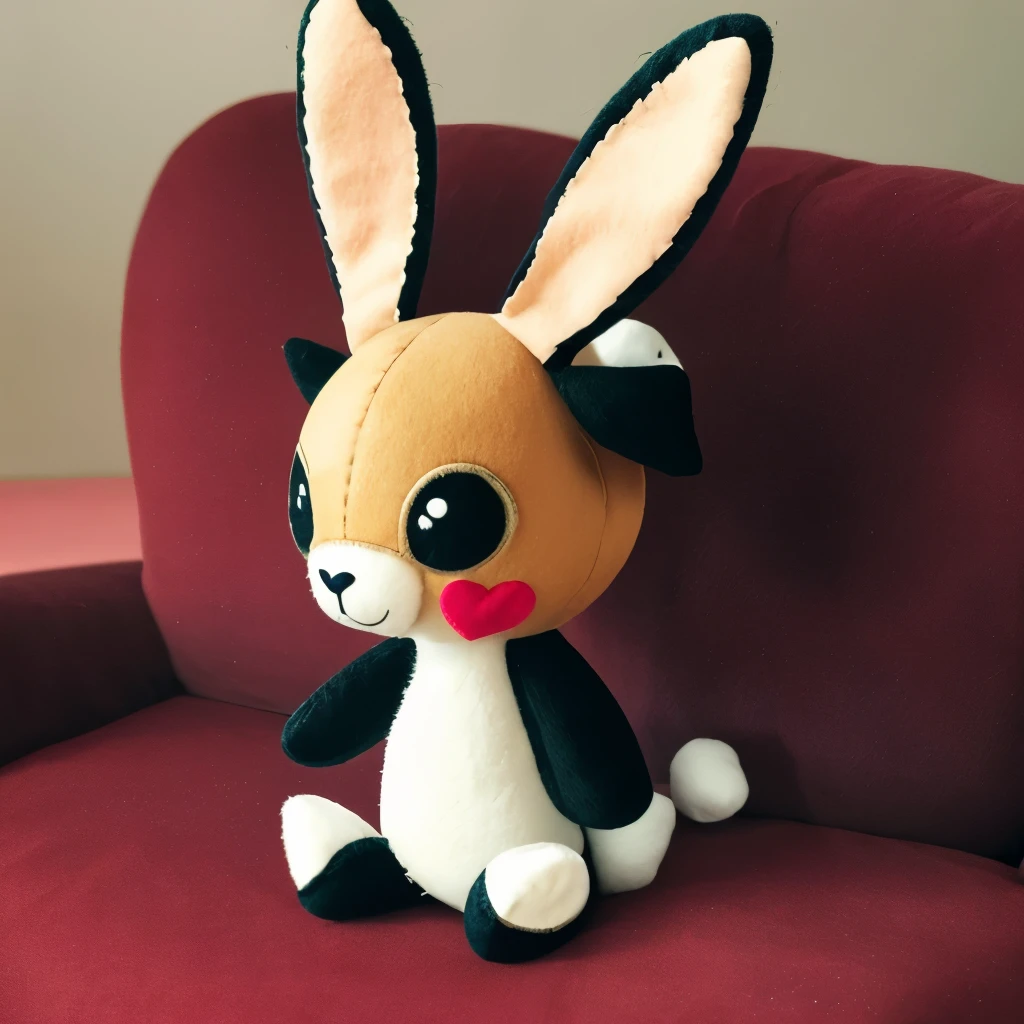 a close up of a stuffed animal with a heart on it, very detailed felt plushie, felt, bunnypunk, made of felt and cloth and beads, evil. vibrant colors. cute, creepy!!, etsy, springtrap, plush, cute anthropomorphic bunny, plushie, creepy!!!, love craftian, sad!, with black horns instead of ears