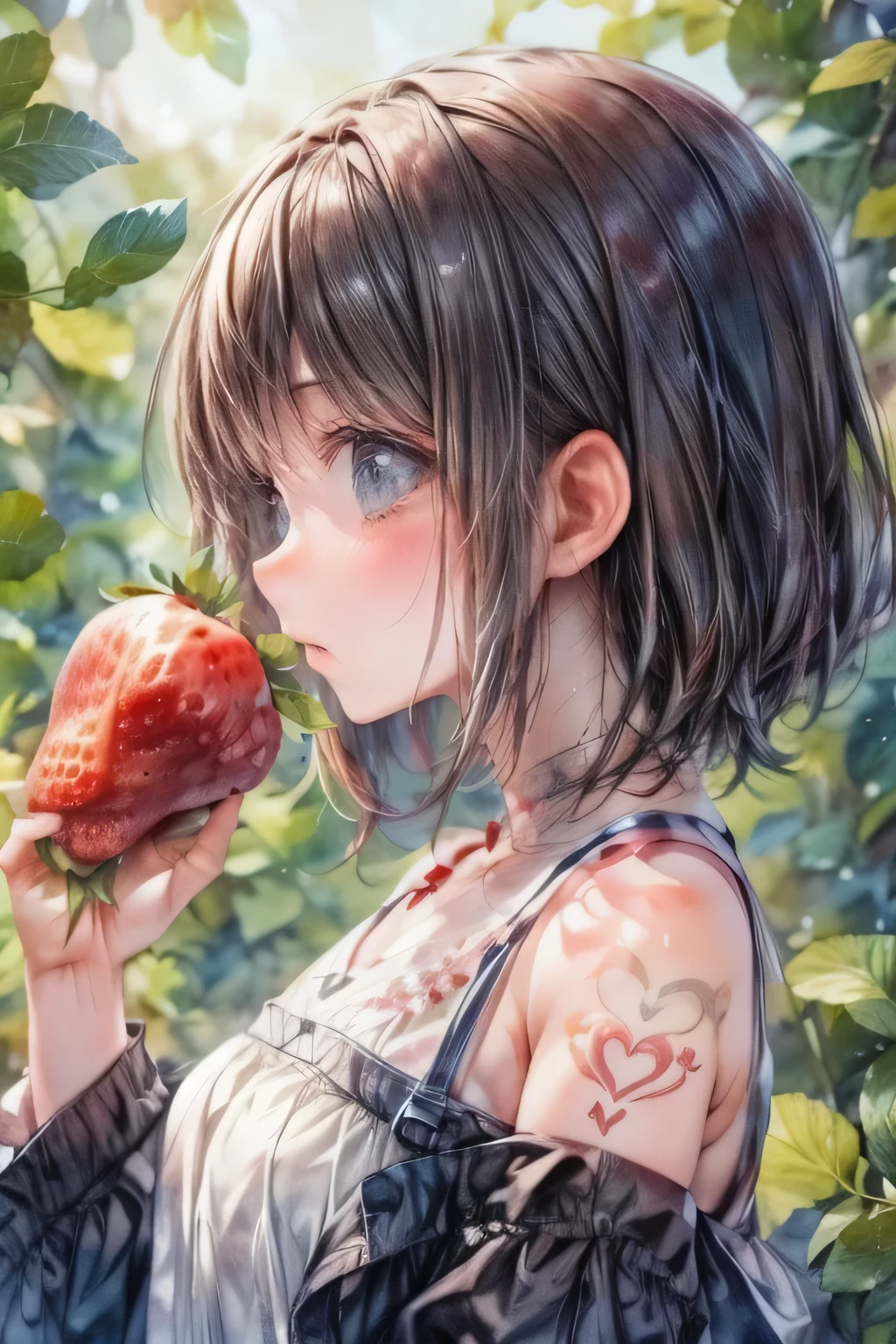 A Strawberry, cute girl, single strawberry tattoo on arm, holding strawberry, side view