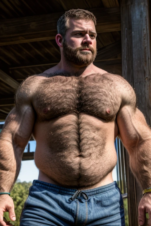 8K HIGH RESOLUTION HDR Very Extremely Realistic Very Detailed High Quality Create a professional studio-style 8K HDR Very Real photograph featuring a middle-aged daddy rugged bodybuilder muscle bears man , burly, very realy detailed hairy, 8K very realistic beared big daddy muscle bear,  and 8K very realistic detailed rugged burly man in shorts. Very Realistic detailed shorts, very realistic hair, very realistic beards, very realistic thick chubby fat neck, very realistic neck lines, very realistic detailed neck, very realistic belly, very realistic burly chest, very realistic detailed hairy burly strong chest and arms, very realistic detailed hairy burly strong chest and arms, very realistic pecs, very realistic burly muscle bear body, very realistic nipples, very realistic burly muscle bear body, very realistic face, very realistic detailed face, very realistic eyes, very realistic detailed eyes, very realistic pupils, very realistic detailed pupils, very realistic nose, very realistic ears, very realistic facial features, very realistic burly arms, very realistic elbows, very realistic hands, very realistic pecs, very realistic belly, very realistic human man body, very realistic bellybutton, very realistic wrists, very realistic fingers, very realistic fingernails, very realistic shoulders, very realistic mouth, very realistic lips, very realistic detailed skin, very realistic skin, very realistic mens clothing, very realistic detailed mens clothing. 8K HDR Very Realistic Hairy Bearded Burly Muscle bear Photoshoot, A very realistic burly muscle bear man in a Farm,  8K HDR Very Realistic Intricately Detailed, 8K HDR very realistic detailed Farm surroundings, 8K HDR very realistic surroundings lighting, No Deformities, captured with a 85mm lens by a world famous photographer, 8K HDR Very Ultra Realistic and 8K HDR Very Realistic Photograph, 8K HDR Clear HDR Quality full with very realistic real details 