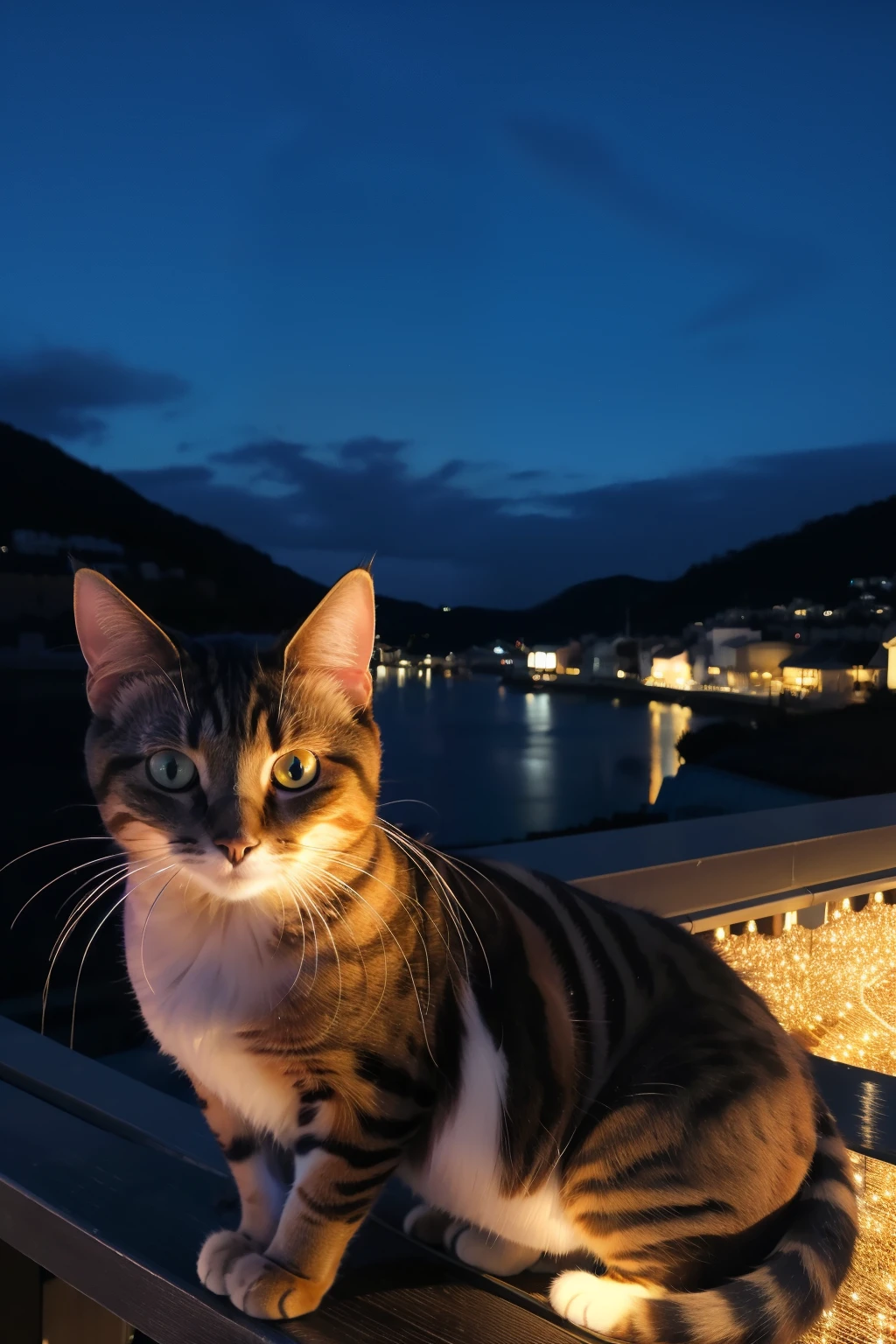 Cat and night view from the roof、Beautiful starry sky