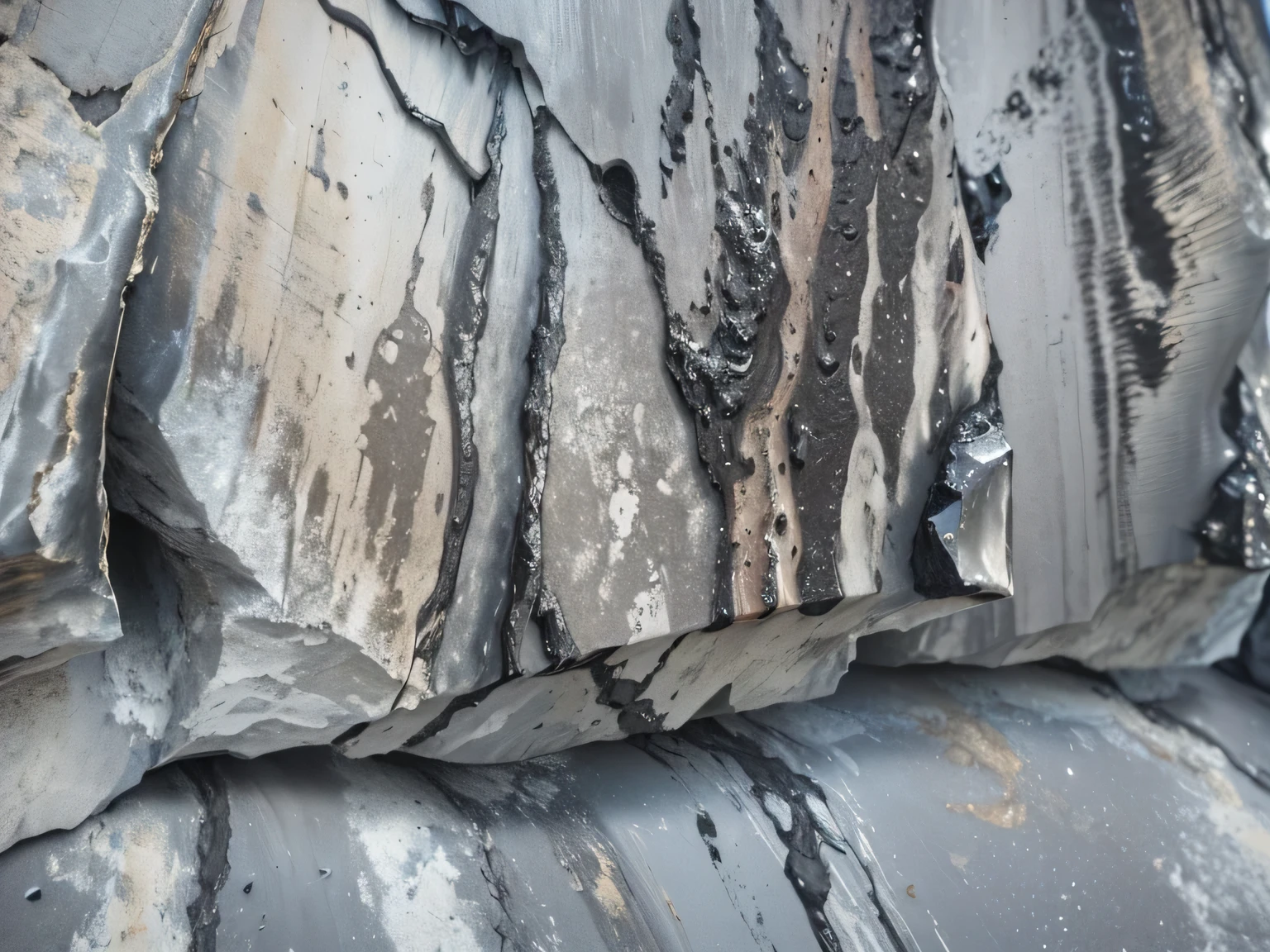 there is a close up of a piece of ice that is melting, rotting black clay skin, covered with liquid tar. dslr, interesting textures, shiny layered geological strata, striations, fascinating textures, weathered surfaces, detail texture, covered with tar. dslr, abstract texture, volcano texture, flowing lava and ash piles, dripping black and grey paint, foamy waves, qubic shapes.