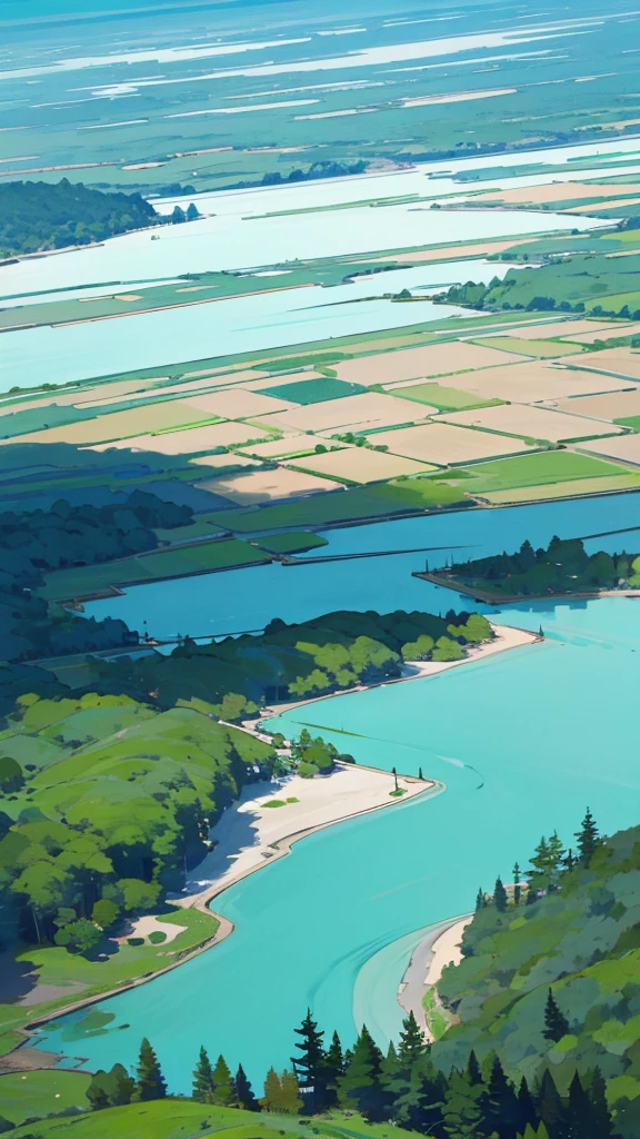 buzzer　白樺のwoodが湖の周りに生えている　Mysterious lake　The lake surface is turquoise blue　　Masterpiece　high quality　landscape　Beautiful Landscape　wood々and leaves　Fantasy　Hokkaido　Biei
