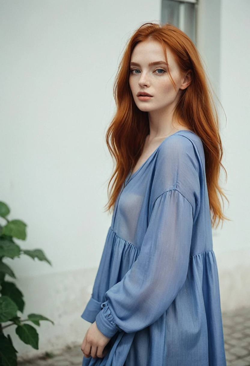23 year old fashion photography.oh red-haired woman, Linda, wearing loose fitting marculina clothes, 35mm, anastasia ovchinnikova