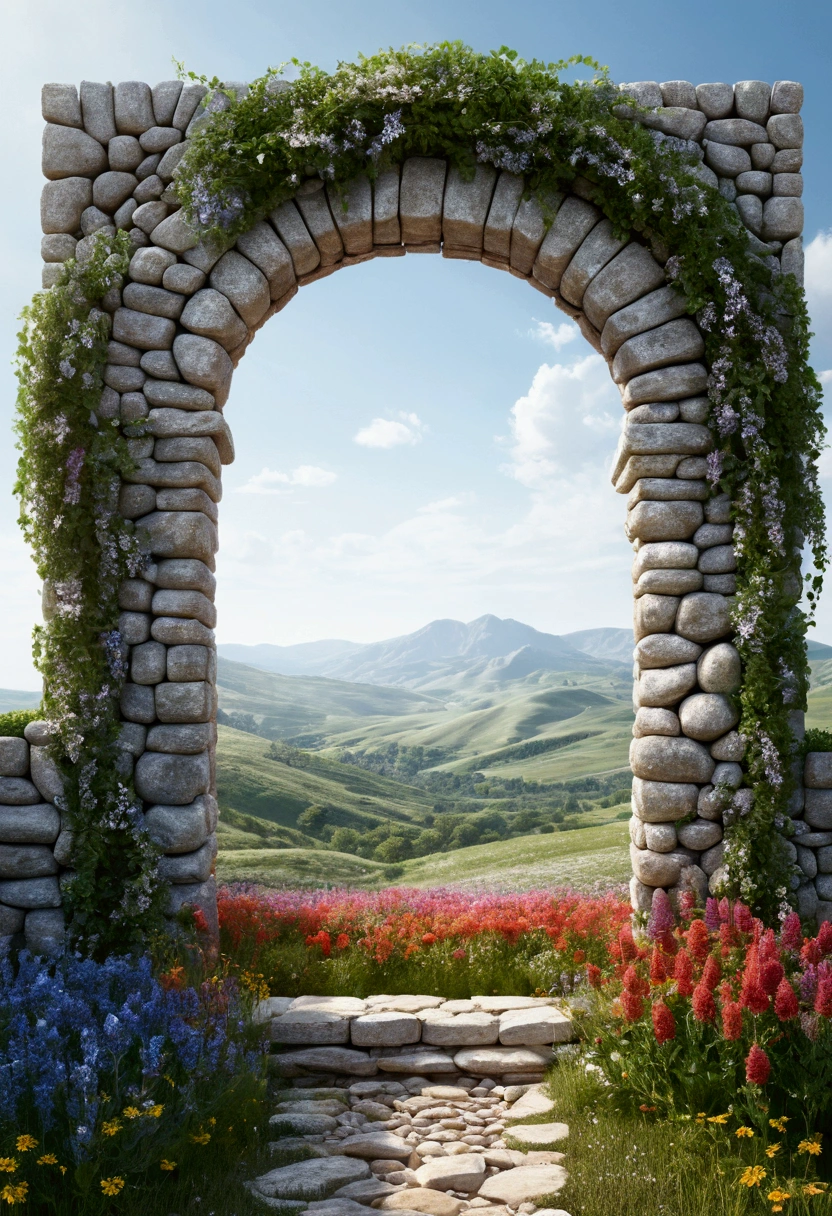 "subject description {A very wide square shaped door arch made of stones. , intertwined with plants, standing in a landscape of beautiful wildflowers, with a bright white background emanating from inside the arch}, Image type {photorealistic image}, art styles {Surrealism}, camera {35mm}, shooting {medium shot}, Rendering Related Information {4k, hyper detailed, ambient light}"