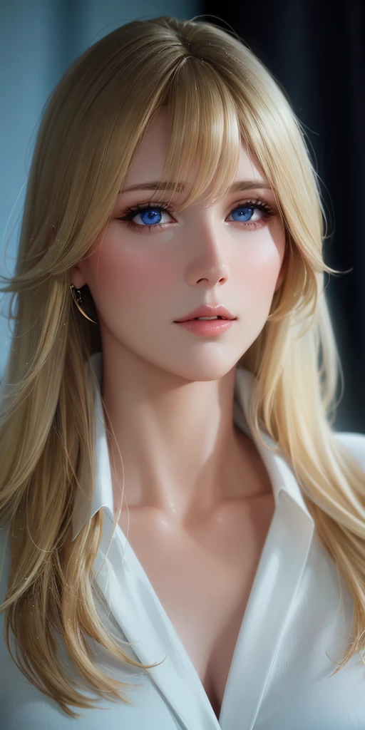 Elegant mature woman, blue eyes, blonde hair, bangs, soft light, 4k resolution, high quality, beautiful cg