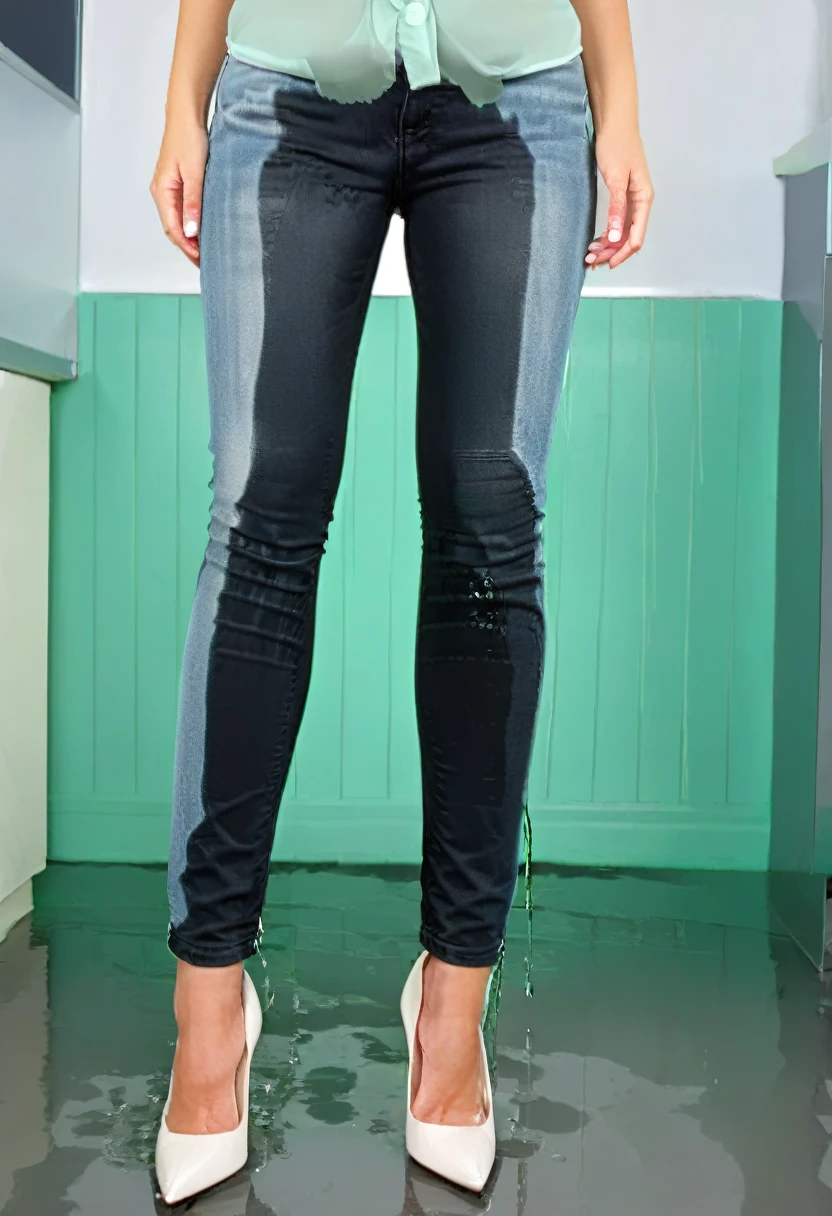 attractive redhead woman wearing black skinny jeans, ((black skinny jeans)), short curly hair, white high heel pumps, mint green blouse, standing in an office, wetting, big smile, pee stains are gleaming wet, standing in puddle of pee, lower legs of jeans completely soaked, pee drips off jeans