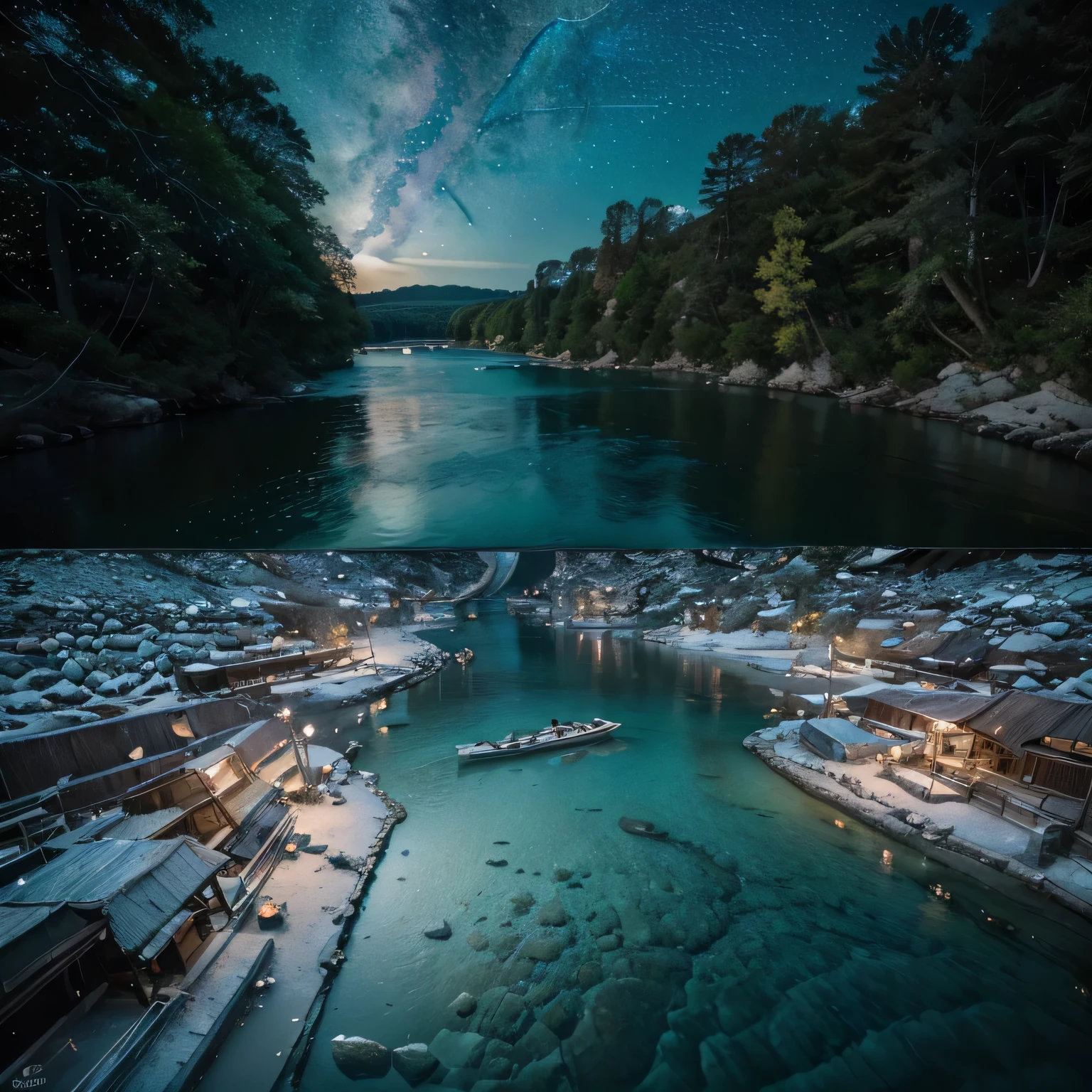 "raw photo, best, work of art, best Quality, high quality, extremely detailed, ((Calm river, crystal clear water and stars in the sky)), award-winning image, high detail, cinematic lighting, rendered, hyper-realistic, best quality , 8k,