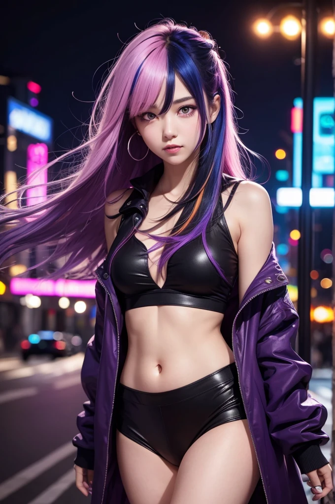 1 girl, beautiful  face, asymmetric hair, multicolored hair, May, covered navel, purples eyes, Hip wind, cute, Check out the viewer, nighttime city, neon,