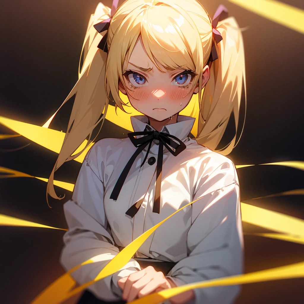 One girl, Blonde, ribbon, Twin tails,Gaze, Light blush, I want to cry, Anime Style, Food, Young Girl,Shy, Bad mood, 