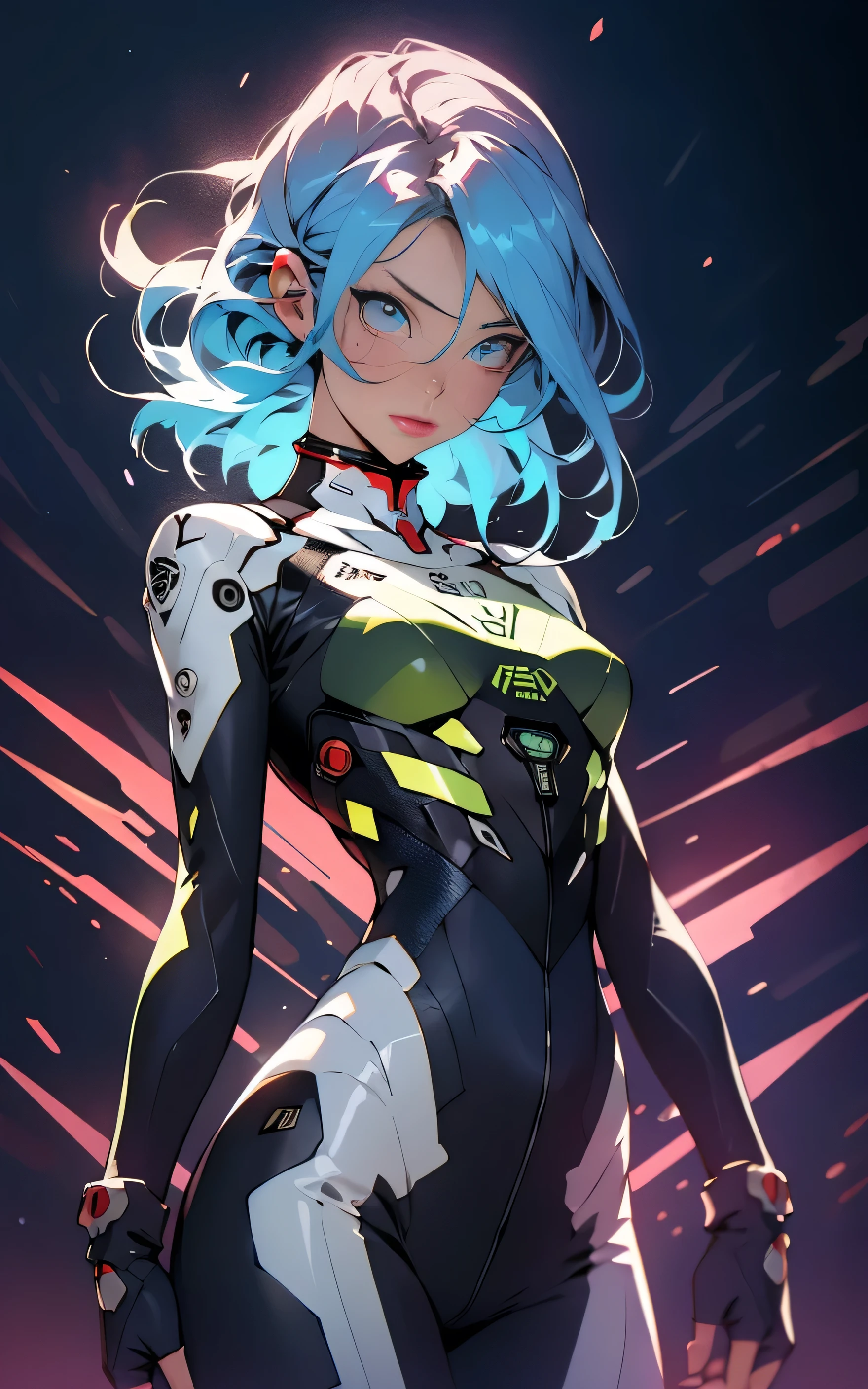 1 girl, Woman with light blue hair, french braid, dutch braid, bright light blue eyes,neon color, large full breasts, Cute Hair Clips, body tattoos, Bracelet in hand, Movie Posters、It depicts a young woman as the central character。She stands confidently in the center of the poster,Wear a trendy cyborg futuristic outfit、with determined expressions on their faces。Dark and grainy background,There is a sense of crisis and a strong sense、The color palette is dominated by dark colors,Dotted with bright colors、pantomime art、expressive body language、silent storytelling、evocative gestures、visual narratives